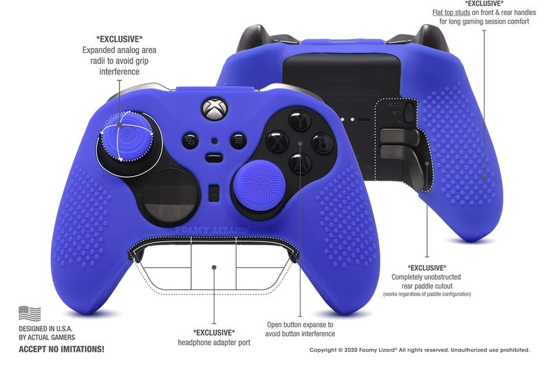 Foamy Lizard Elite Series 2 Studded Grip Skin for Xbox One Elite Series 2 Controller (NOT for Series X/S/Elite 1) by Foamy Lizard - Sweat Free Silicone w/Flat Top Anti-Slip Studs + 8 QSX-Elite Thumb Grips (Blue) - Image 4
